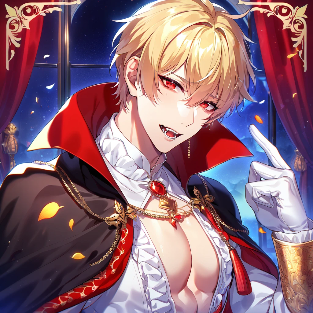 absurdres, highres, ultra detailed, HDR, master piece, best quality, perfect face, beautiful eyes, Gilgamesh, blonde hair, expressive red eyes, Fate Grand Order, solo, sexy man, handsome, adult face, horny, lewd, vampire clothes, black cape, white gloves, accessories, showing the chest, vampire, fangs, luxurious room, night, window, red curtains, petals, fantasy, Nu Carnival