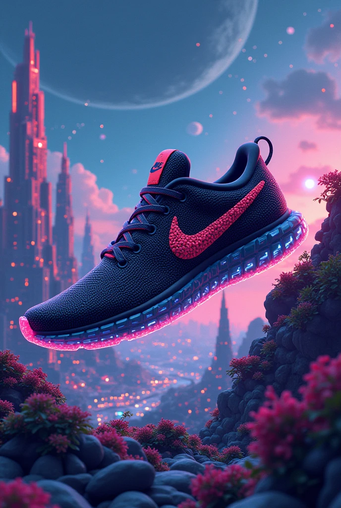 Imagine an almost realistic sneaker made of pixels with an incredible background 