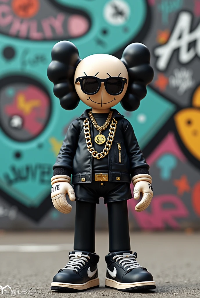 A unique, anthropomorphic toy figure,kaws face style and body, two large buck bone horns structures on its head, and a streetwear outfit style. The figure is adorned with chains necklace, sunglasses, and a pair of Jordan sneakers. It stands in front of a graffiti-covered wall, with various symbols and words painted.The ground appears to be a concrete skatepark ground
