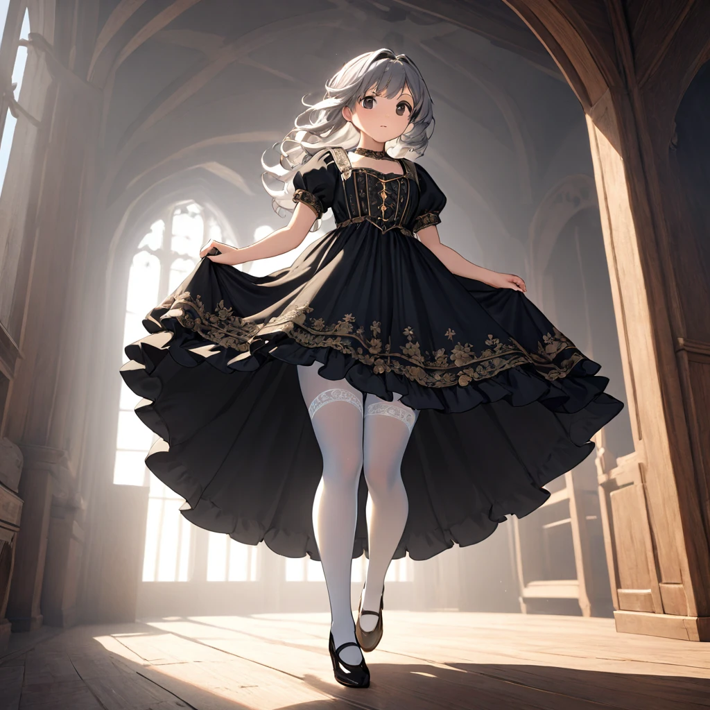 (Highly detailed CG Octane render 8k wallpaper),  Girls Underwear, You can see real bloomers made from cotton fabric.., Medieval black translucent long dress with panniers, Fabric Realism, Low - Angle,  Pull up the dress by hand, Strong winds, Translucent slip, Translucent slip, White tights, Highest quality, whole body, I can see your thighs, Silver and gold embroidery