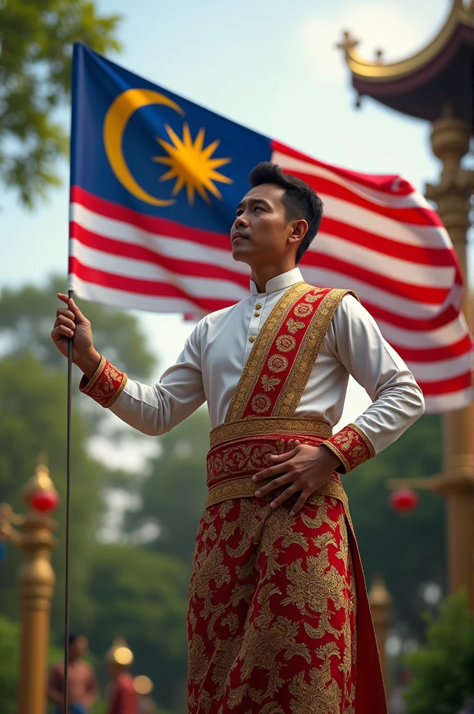 create a Malay man wearing Malay clothes with the theme of Malaysian independence while holding the Malaysian flag.