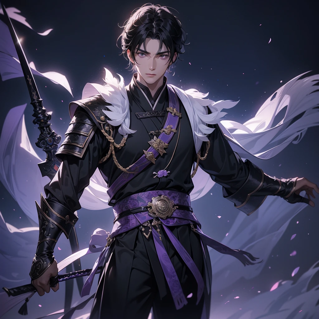 A Handsome black-hair male holding a large sword in black-white ancient chinese costume, Background is a dark moonless night, with dry trees in the background, and purple glowing light,close up.