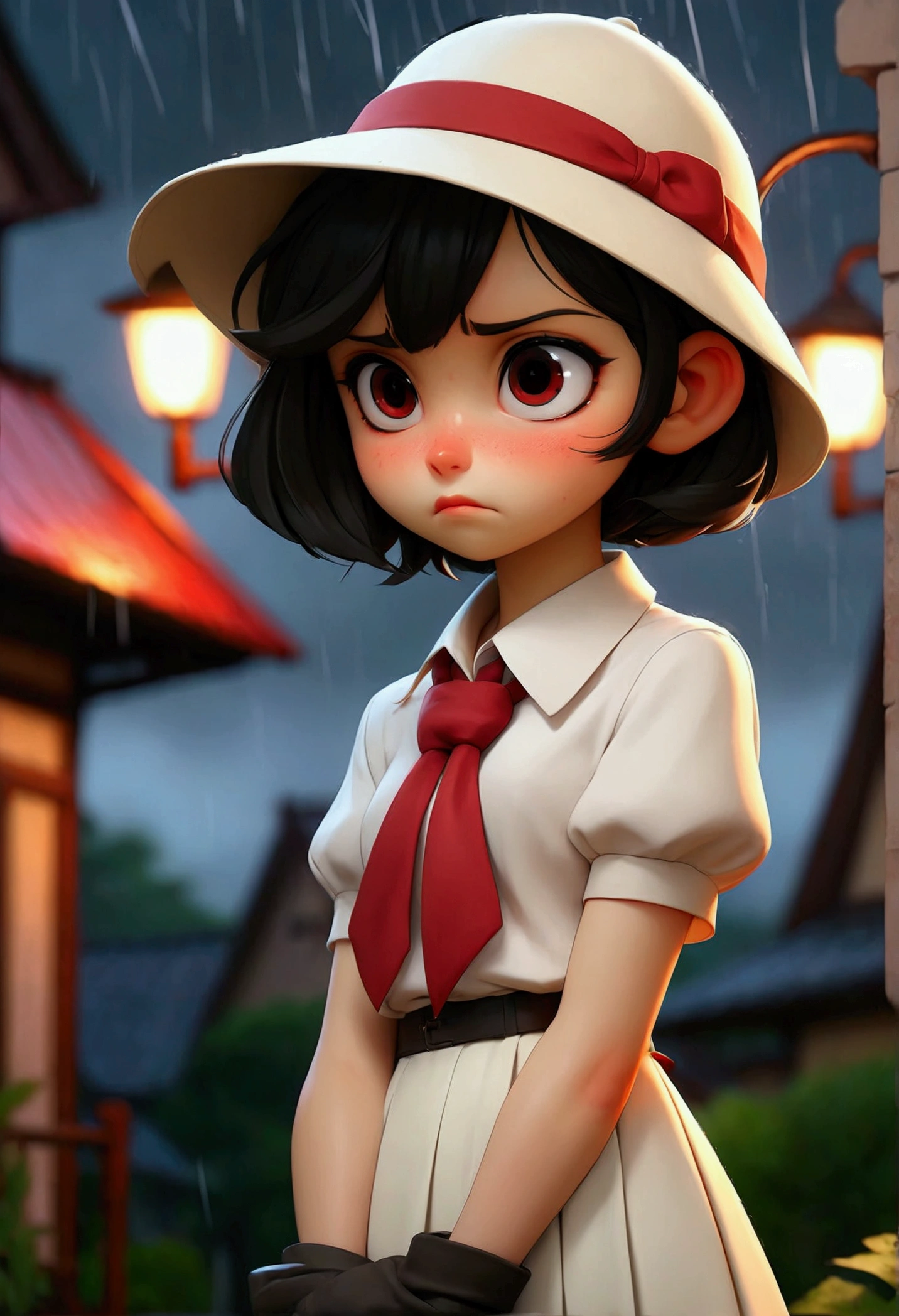 anime girl, short black hair without bangs, black eyes, wearing a white shirt, red tie, white knee-length skirt, wool hat red, blush, a bit sad, it was raining at night, looking at the houses with low lights on