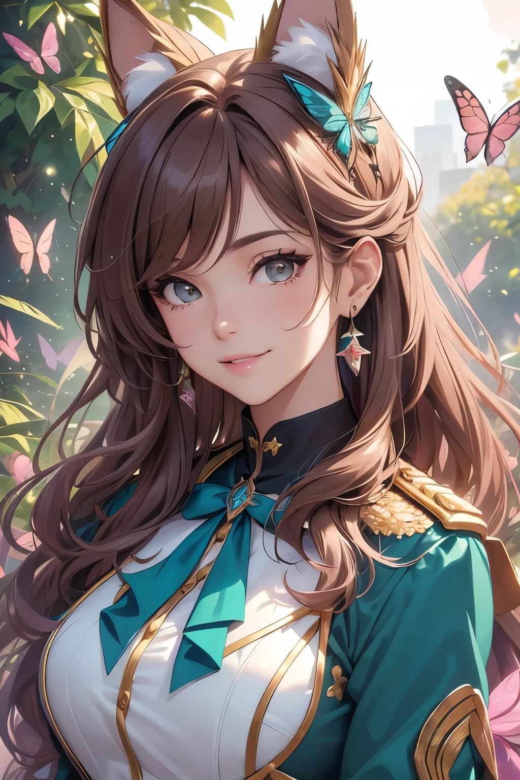(best quality,4k,8k,highres,masterpiece:1.2),ultra-detailed,(realistic,photorealistic,photo-realistic:1.37),acrylic painting,beautiful Brazilian model in a uniform outfit with downy hair,beautiful Brazilian model with extremely colorful brown hair and detailed facial features,beautiful Brazilian model standing in a beautiful garden sakura flowers, long hair,cat ears, hair bows, glitter uniform outfits, smile, happy face,light brown hair,butterflies, brown eyes, mature woman, older woman, 30 year old, adult woman. Older lady, posing,Solo, teal and pink butterflies, close up