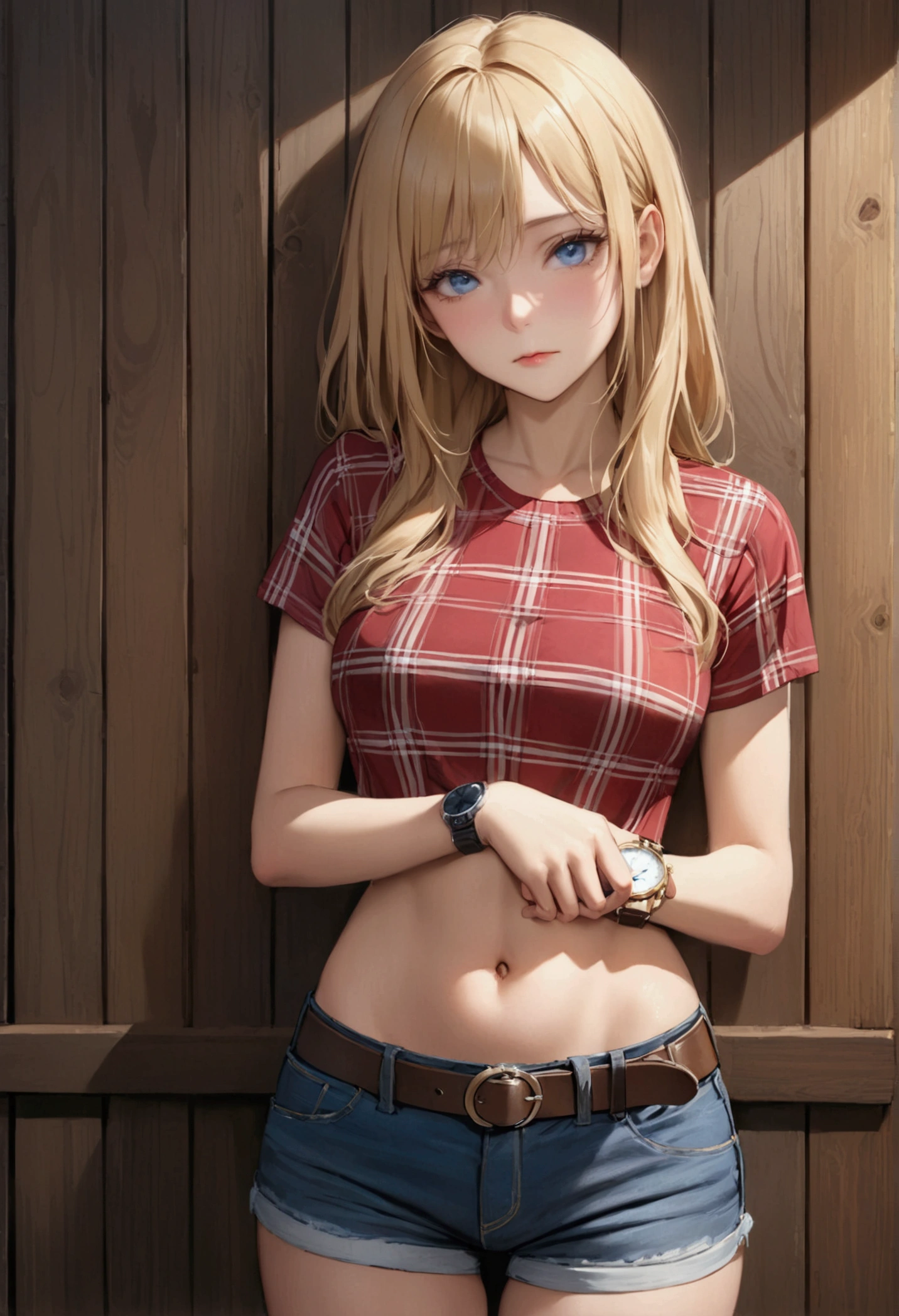 Woman with long blonde hair, blue eyes, An athletic body, Red plaid tight short sleeve cowgirl shirt, watch, Navel exposed, Denim hot pants, Brown belt with oval buckle, Stand up straight, Drunk,In front of a wooden wall,Front view,Cowboy Shot,16K, Highest quality, masterpiece, Realistic, detailed