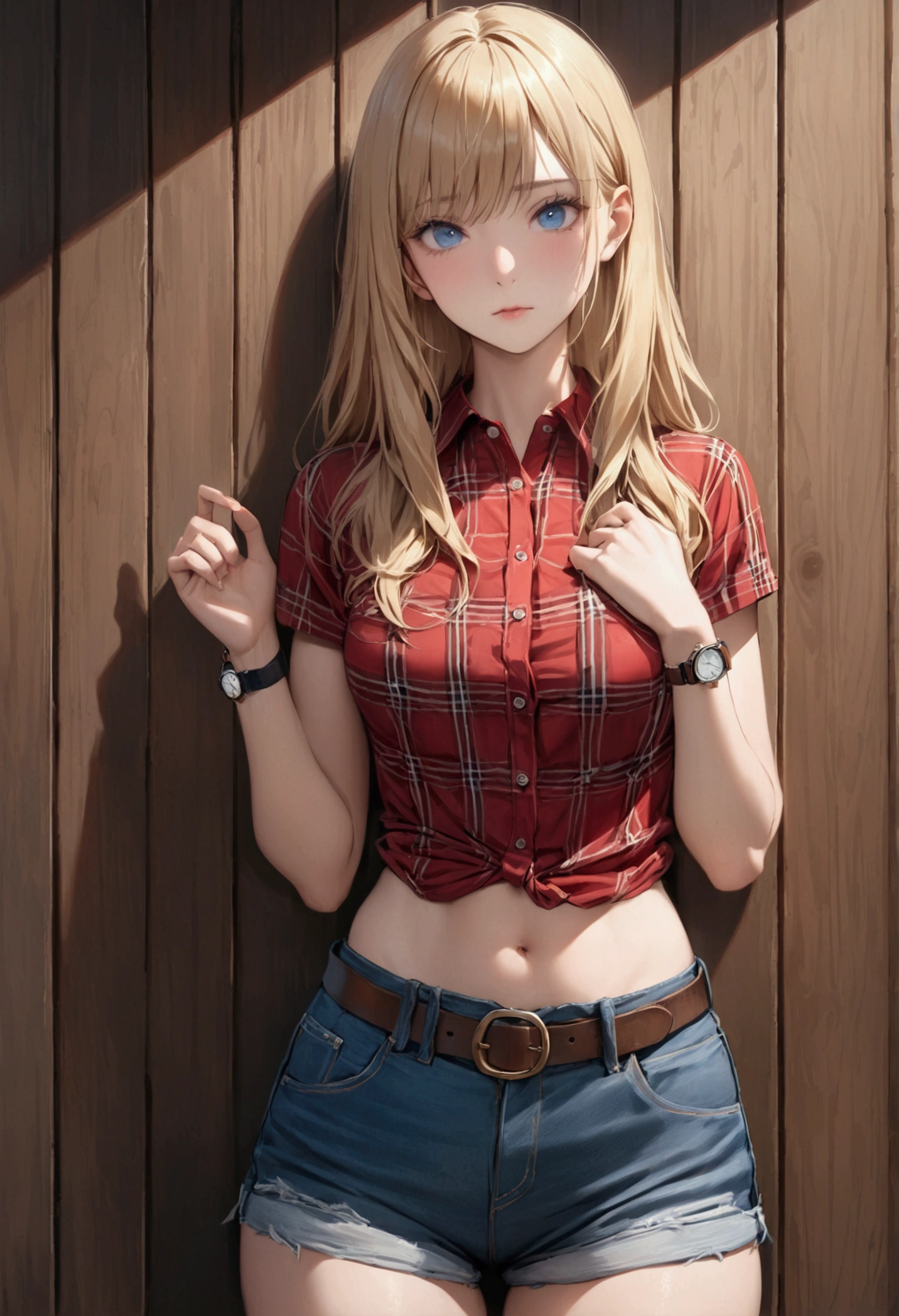 Woman with long blonde hair, blue eyes, An athletic body, Red plaid tight short sleeve cowgirl shirt, watch, Navel exposed, Denim hot pants, Brown belt with oval buckle, Stand up straight, Drunk,In front of a wooden wall,Front view,Cowboy Shot,16K, Highest quality, masterpiece, Realistic, detailed