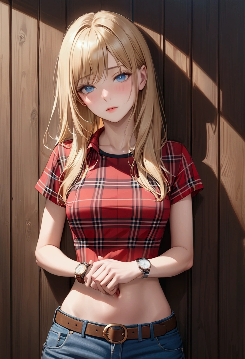 Woman with long blonde hair, blue eyes, An athletic body, Red plaid tight short sleeve cowgirl shirt, watch, Navel exposed, Denim hot pants, Brown belt with oval buckle, Stand up straight, Drunk,In front of a wooden wall,Front view,Cowboy Shot,16K, Highest quality, masterpiece, Realistic, detailed