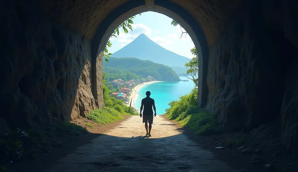 Draw a picture showing a man walking alone into a large tunnel. The end of the tunnel shows a view of the ancient village of Ternate, North Maluku, Indonesia with the ocean and Mount Ternate. Emphasize the contrast between the dark, rough ground of the tunnel and the bright landscape.
