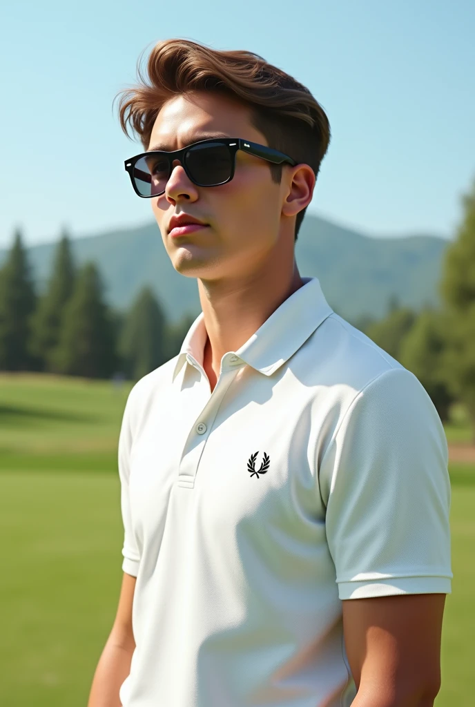 (Photorealism:1) golfer brown hair and eyes wearing a white Fred Perry polo shirt and Rayban sunglasses and white Nike sneakers 8k ultra realistic photorealistic super detailed 