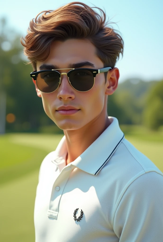 (Photorealism:1) golfer brown hair and eyes wearing a white Fred Perry polo shirt and Rayban sunglasses and white Nike sneakers 8k ultra realistic photorealistic super detailed