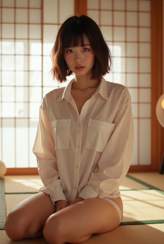 ((Japanese Idols)) ((Plump and Shiny Lips)) Big Breasts ((Short brown hair with bangs)) ((Looking into the camera)) Sit with your legs apart ((White button shirt and white panty)) Low-angle shot of a person standing facing forward look down ((A bedroom with shoji and tatami mats lit up in white neon lights))