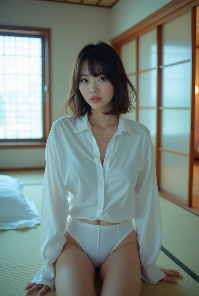 ((Japanese Idols)) ((Plump and Shiny Lips)) Big Breasts ((Short brown hair with bangs)) ((Looking into the camera)) Sit with your legs apart ((White button shirt and white panty)) Low-angle shot of a person standing facing forward look down ((A bedroom with shoji and tatami mats lit up in white neon lights))