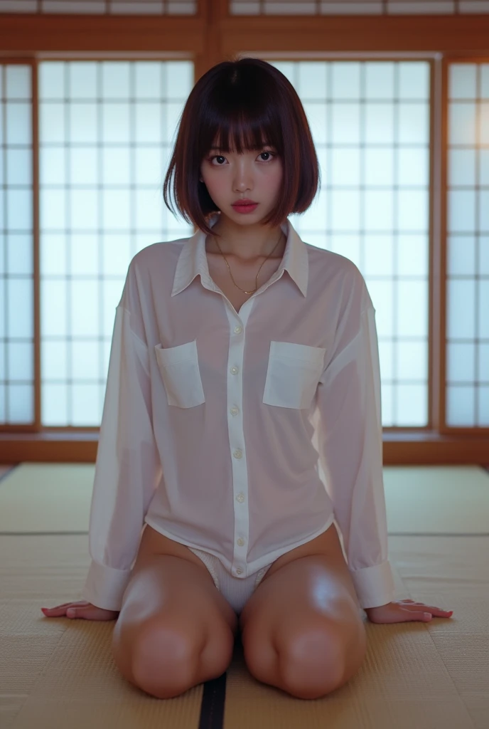 ((Japanese Idols)) ((Plump and Shiny Lips)) Big Breasts ((Short brown hair with bangs)) ((Looking into the camera)) Sit with your legs apart ((White button shirt and white panty)) Low-angle shot of a person standing facing forward look down ((A bedroom with shoji and tatami mats lit up in white neon lights))