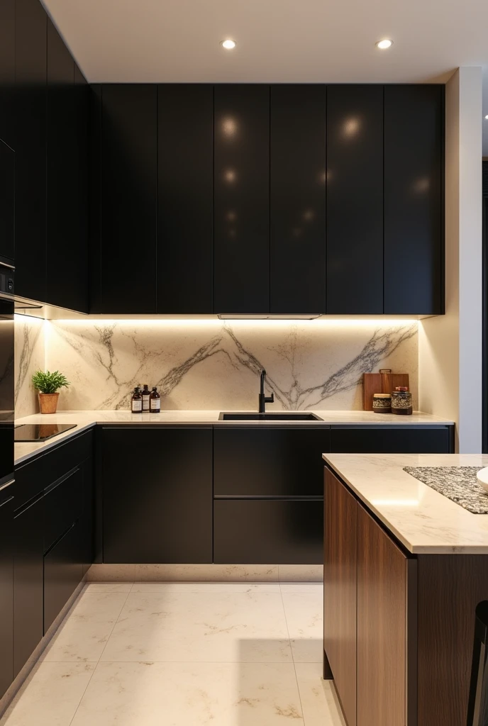 Apartment kitchen with completely straight countertop, Black and wood color cabinet, the beige floor. place lighting in the cabinets and countertop with decoration of the stone of the kitchen countertop of beige and gray marble that the cabinets to give contrast