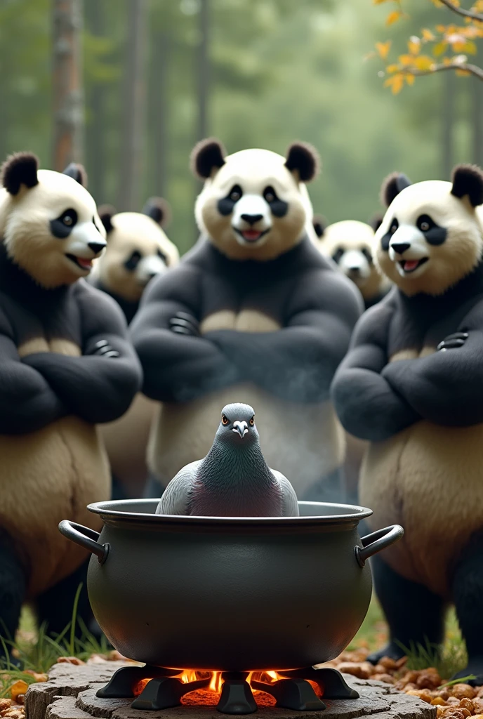 Ultra-realism, (masterpiece, best quality, ultra detailed, photorealistic:1.2), ((Muscular panda has a smiling expression)), A group of muscular pandas with folded arms are gathered around watching a grey pigeon being cooked in a big stockpot on the stove., forest, (big stockpotからグレーのハトの頭が出ている), ((A big stockpot on a stove over high heat)), (Gray pigeon has a frightened expression),