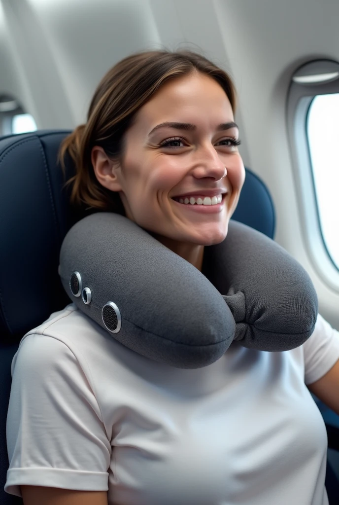 A neck pillow with a speakers around the pillow’s inner edges, near where the ears would rest.