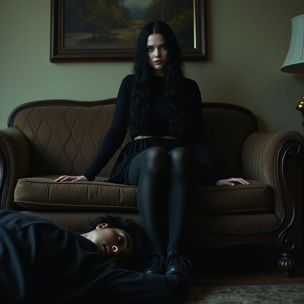 A gothic girl with black wavy hair, green eyes, and black thigh-high socks sitting on a couch at home. Under the girl's feet, there is a man lying flat down on the floor. The girl is using him as a footstool. Resting her feet on his face. Hyperrealism, photo, 4k