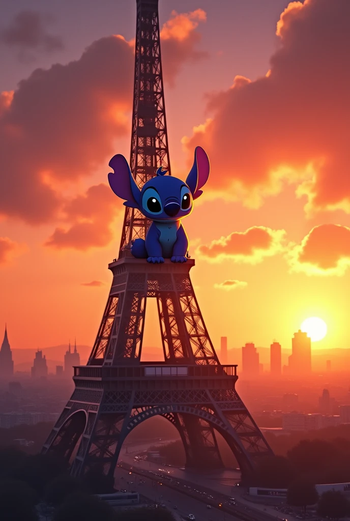 Imagine Stitch en haut de la tour Eiffel
Avec un coucher de soleil