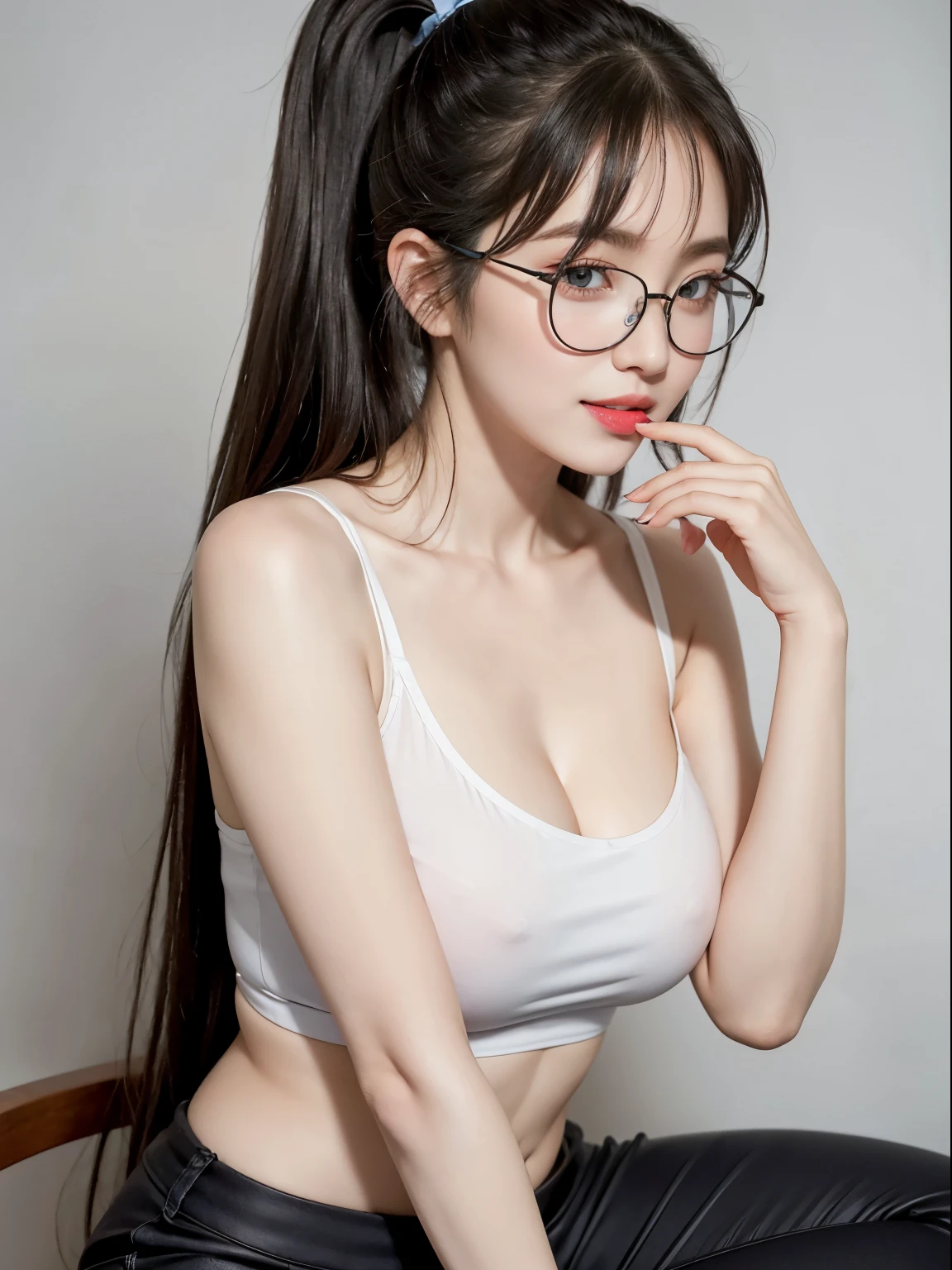 (Best quality, masterpiece, detailed), (RAW, 4k, hd images), shy, 1 girl, , white skin, long hair, ponytail, layers hair, bangs, black hair, beautiful girl, cute girl, sweet girl, pretty girl, perfect girl, thin body, slim body, pretty eyes, blue eyes, thin lips, thin, (eye line, lip stick soft), big round breast, glasses, black frame glasses, simple background, smile, waist, hips, random tshirt, random pose, random angle capture, hands free style, half body, huge round breast, large round breast, cleavage, ponytail, bangs, sit
