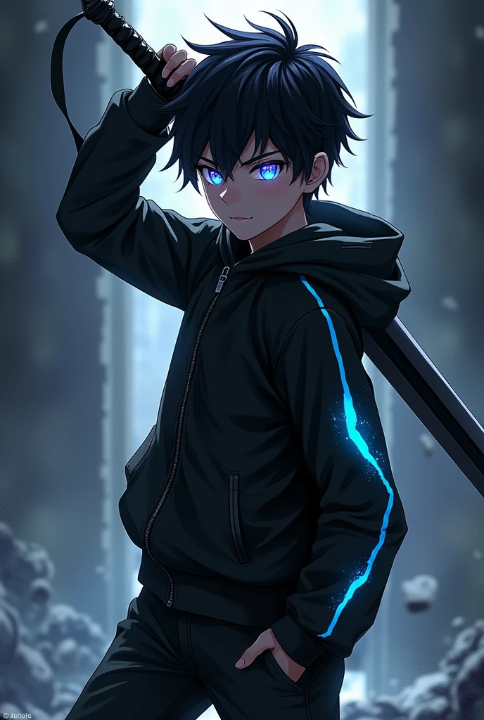 Boy with star eyes black pants,wield one pure void black sword,black hair
Black jacket with blue chroma stripe on left and right arm