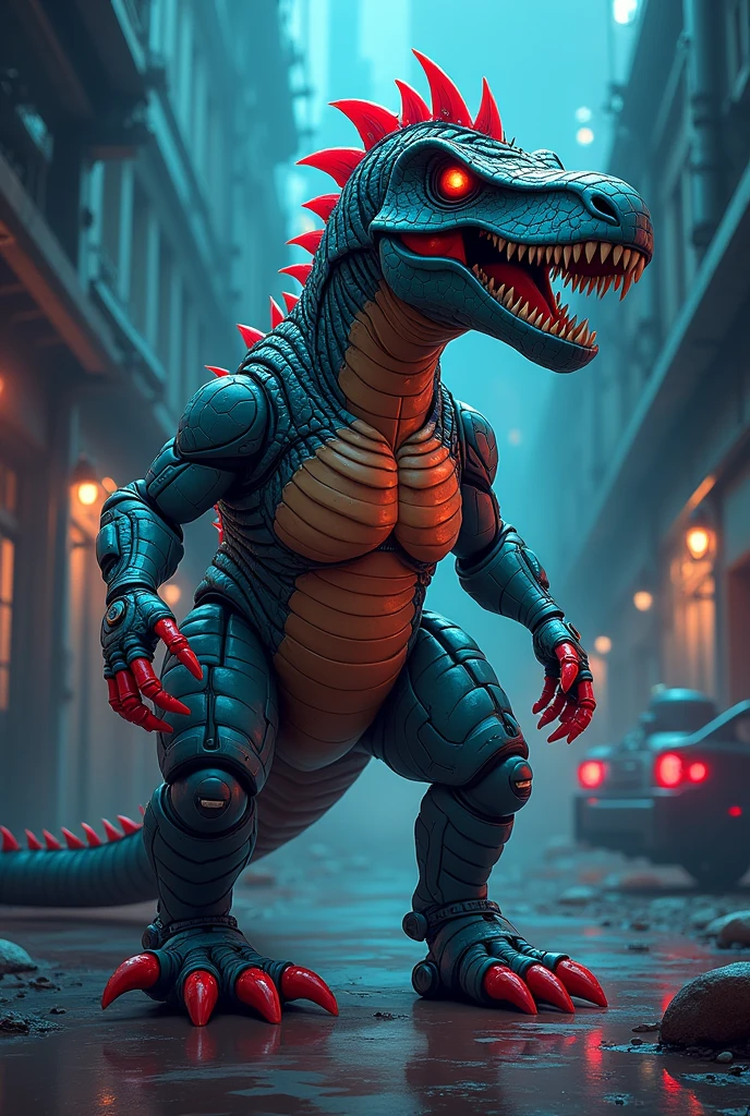 Murder Drones character N wearing a spinosaurus costume in the style of the Murder Drones cartoon