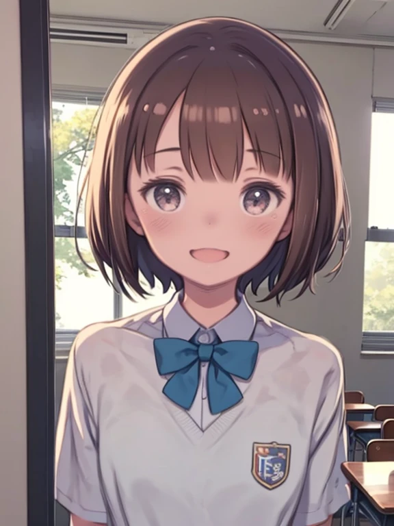 School classroom、Watercolor style、pale colour、Hand-drawn style, 1 student、high school girl、High School Uniform、Laughter、frontage、Upper body、Brown Hair、short hair、Upper body