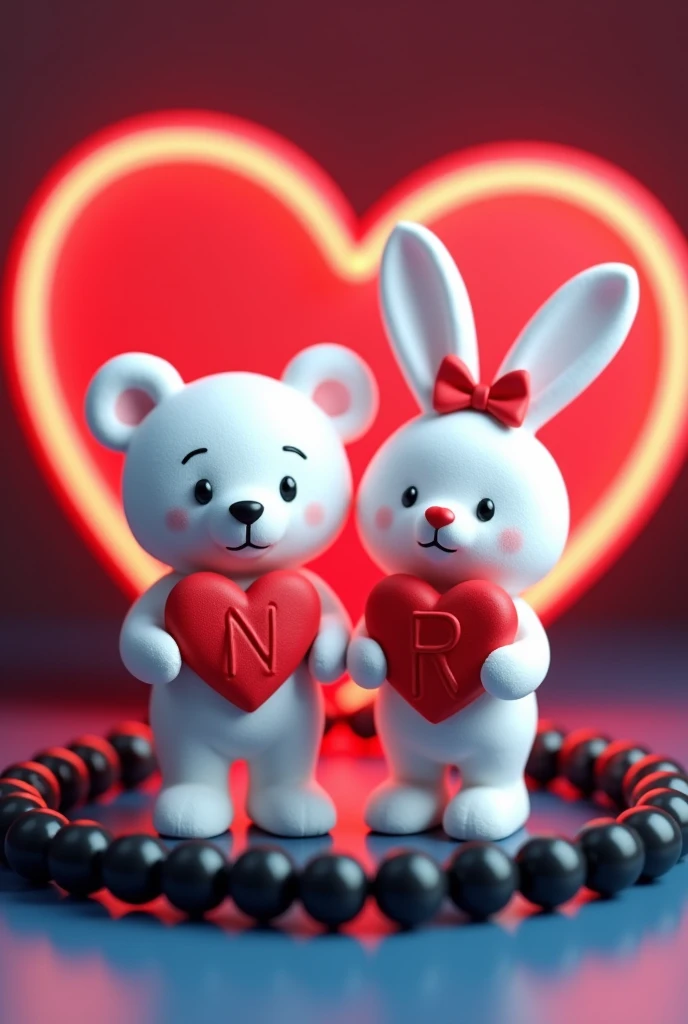 A 3D render of a white teddy bear and a white bunny rabbit wearing a red bow holding red hearts capital alphabets "N" and "R" written on hearts, are standing in a black beaded bracelet. The bracelet is sitting on a dark red and blue surface with a neon red heart shape in the background.  The image is in the style of a cute cartoon.