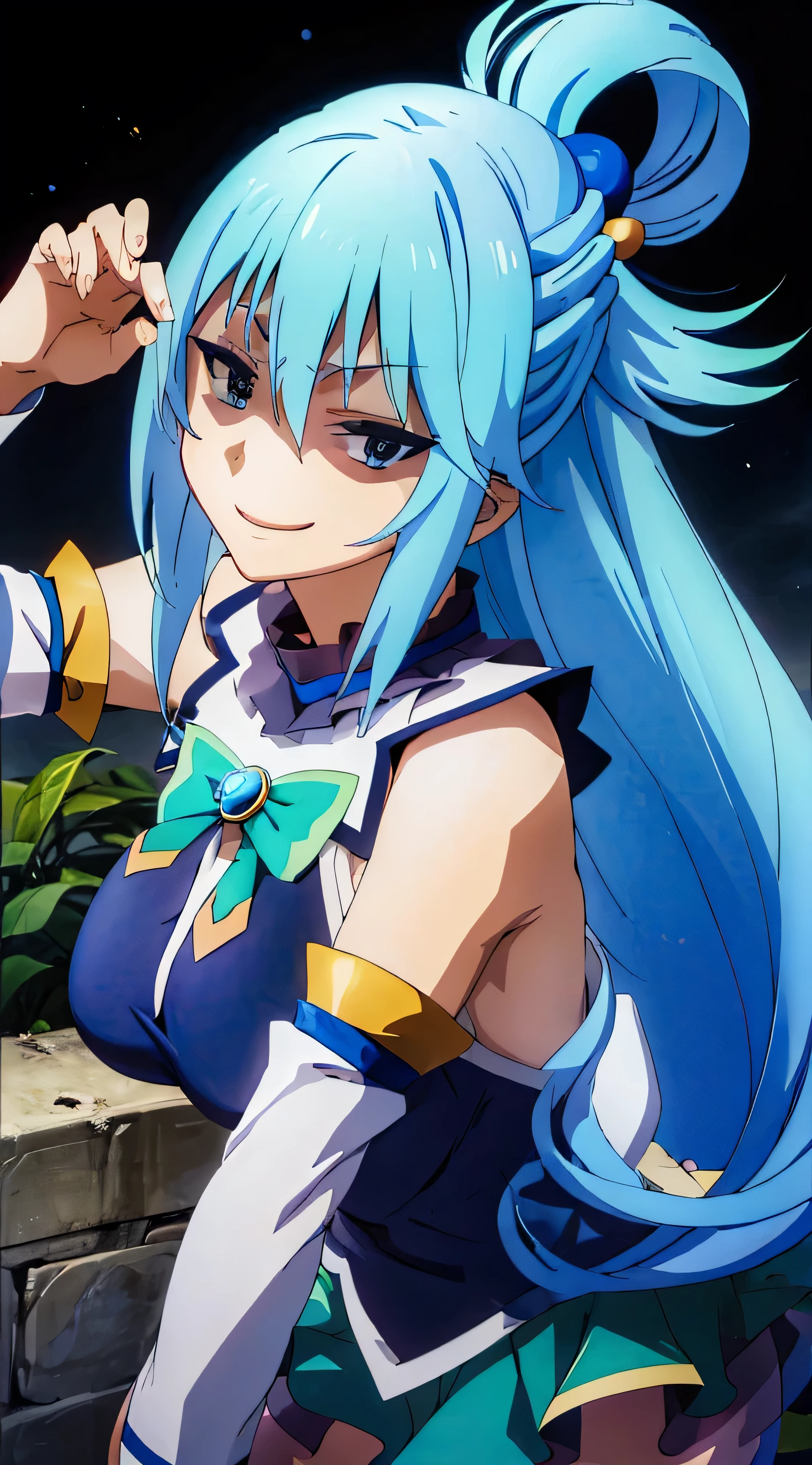 (masterpiece, best quality:1.2), expressive eyes, perfect face, highres, 1girl, solo, aaaqua, long hair, blue hair, hair rings, hair ornament, choker, bare shoulders, green bow, blue shirt, detached sleeves, blue skirt, thighhighs, happy smiling, standing, upper body, portrait, looking at the viewer,curvy,,oily skin,shiny skin,most evil huge laugh,lipstick,sadistic smile,deep shaded face(eyes in shadow),singlebraid,smile worst,worst ridecule,most evil moukery,,onebraid,,two hands,five fingers,dark aura background,A face full of evil,most evil ridicule,,horor, Violence, , The Empowerment of Evil, monster,naughty face,seductive smile,evil smirk,ojou-sama pose,oily skin,shiny skin,