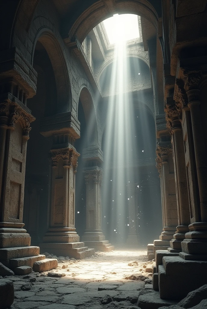 Perspective drawing of looking up from inside a tomb, from where a ray of light is coming down on us make it one point perspective, looking up in the sky