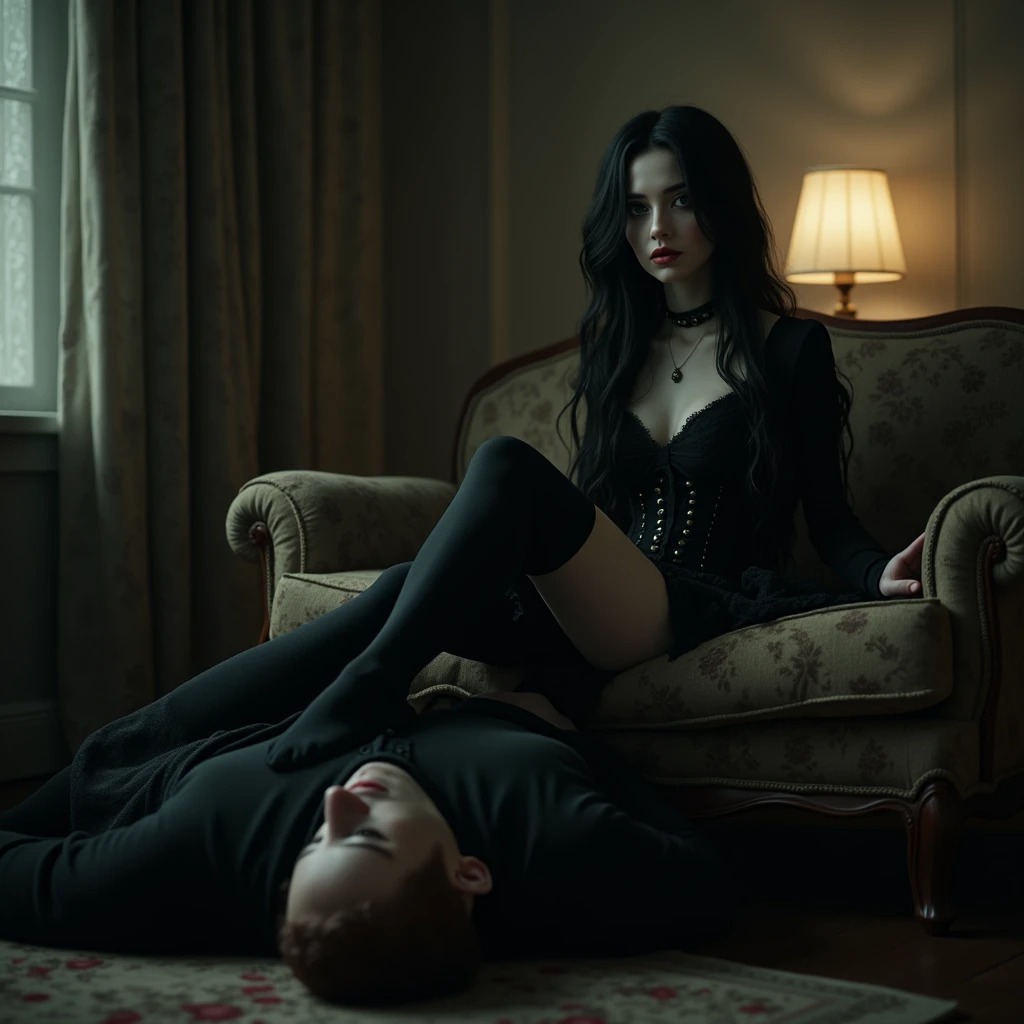 A gothic girl with black wavy hair, green eyes, and black thigh-high socks sitting on a couch at home. Under the girl's feet, there is a man lying flat down on the floor. The girl is using him as a footstool. Resting her feet on his face. Hyperrealism, photo, 4k