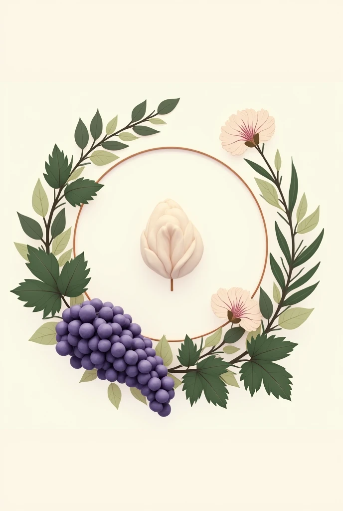 Create a circular logo that represents something small and tiny with white and beige colors, surrounded by plants and purple grapes, more aesthetic, more like a logo, more detailed and creative