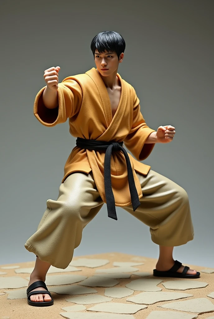 The prompt to generate an image of a model of a Shorinji Kempo fighter looks like this:：

---


A detailed model kit of a person practicing Shaolin Kung Fu in a dynamic pose. The figure is dressed in traditional Shaolin monk attire, including a loose robe with a sash, pants, and kung fu slippers. The figure’s stance is powerful, with one leg slightly bent and one arm extended in a classic martial arts strike. The facial expression shows focus and determination, with short black hair. The kit includes detailed muscles, clothing folds, and optional parts like different hand positions or martial arts weapons such as staffs or nunchaku. The setting is simple, with a platform resembling a training ground. The figure should convey a sense of agility and strength, with intricate details to make it look realistic as a plastic model. The model is displayed against a neutral background to