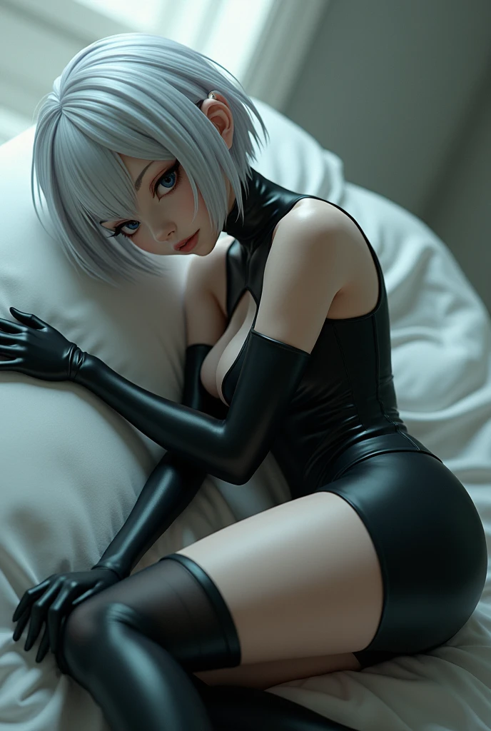 yorha type-2 b, nier automata, hairband, blindfold, short hair, swept bangs, straight hair, parted lips, white leotard swimsuit, skindentation, posing for photo, shiny skin, sexy pose, arm up, thigh boots, thighhighs under boots, cleavage, small breasts, wide hip, wide thighs, plump thighs, pale skin, from side, at living room, hotel room, white goth  ,  <lora:dalle3:1> score_9, score_8_up, score_7_up, score_6_up, score_5_up, score_4_up, source_anime