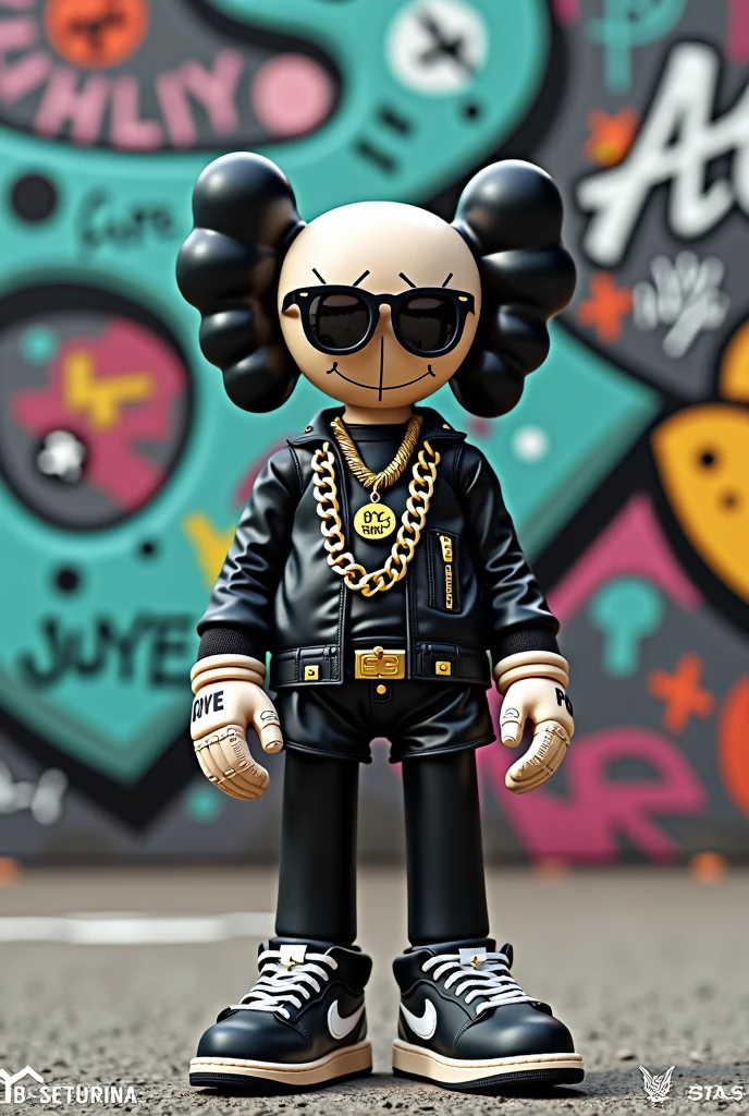A unique, anthropomorphic toy figure,kaws face style and body, two large buck bone horns structures on its head, and a streetwear outfit style. The figure is adorned with chains necklace, sunglasses, and a pair of Jordan sneakers. It stands in front of a graffiti-covered wall, with various symbols and words painted.The ground appears to be a concrete skatepark ground