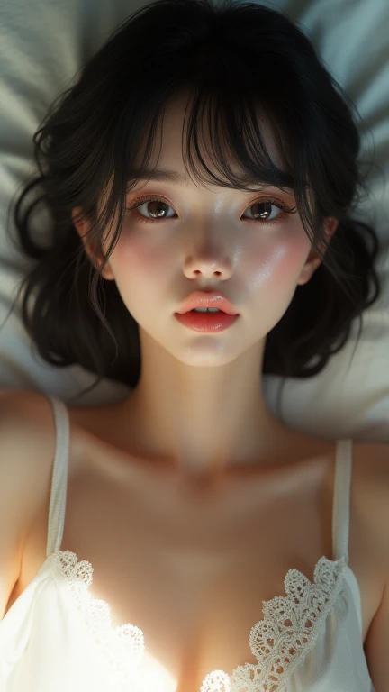 Mature beautiful face, Japanese idol, Real Photo:1.4, Detailed eyes, detailed lips, blush, ((On the bed)), ((Sleep on your back)), to face upwards, Roll over on your back, ((Shot from directly above)), Staring at audience, ((Look straight up)), Shoot from the front, Lace, Sexy Wedding Dresses, Hair gets messy, Round eyes, Droopy eyes, clear double eyelids, Light hits the eyes, child-faced, Light skin, Hairstyle with bangs, Blunt bangs, Short bobcut, Masterpiece, top quality, Hyper Detail, Big Eyes:1.3, Beautiful eyes in every detail, Natural makeup, pink lips, Lip gloss, Look captivatingly at the viewer, Detailed eyes and face, Anatomically accurate depiction, Put a scrunchie around your wrist, Cinema Lighting, 8k wallpaper, Detailed masseter muscles, Skin Lightening, Pale skin blushes, Central Framing photography, upper half of body, Detailed clavicle, Focus on the face, perfect 5 fingers, octane render, Unreal engine 5, Show all faces, To lose strength, Weakness, sexual content, Sexual urges, sexual arousal, sexual feelings, Sexual fantasies, Sexual pleasure, Sexual climax, Sexual Creation, Euphoria, One person,Strong stimulation, Panting, Ecstatic expression, 18+, (((A single photo))), I love you