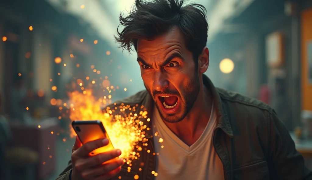 A man playing and looking very scared and his cell phone exploded