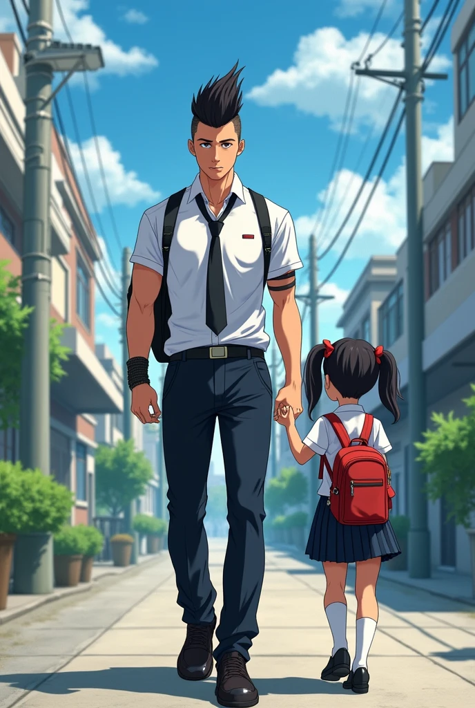 A very muscular young man with a rocker's mohawk wearing a Japanese school uniform while walking his little sister to school