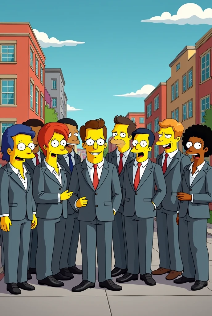 group of teachers, men and women with a positive attitude, with a Simpsons theme, wearing gray suits