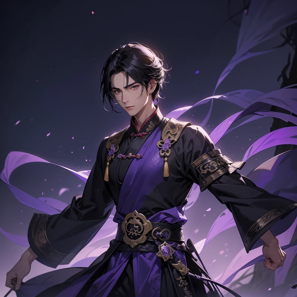 A Handsome black-hair male holding a large sword in black-purple ancient chinese costume, Background is a dark moonless night, with dry trees in the background, and purple glowing light,close up.