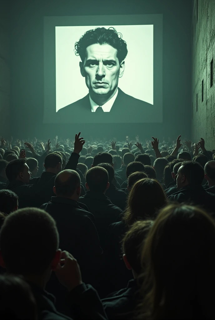 Create an image about the 1984 novel that shows a screen with a photo of an opponent of the regime, which is booed and hated by a group of people, shows how people shout at the screen