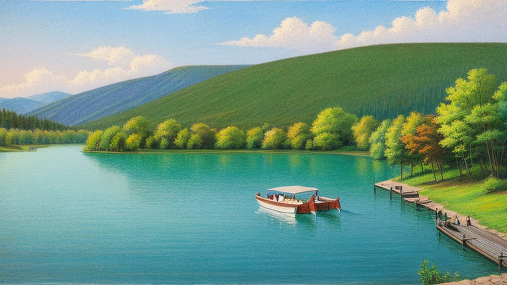 Colored pencil drawing、lake、