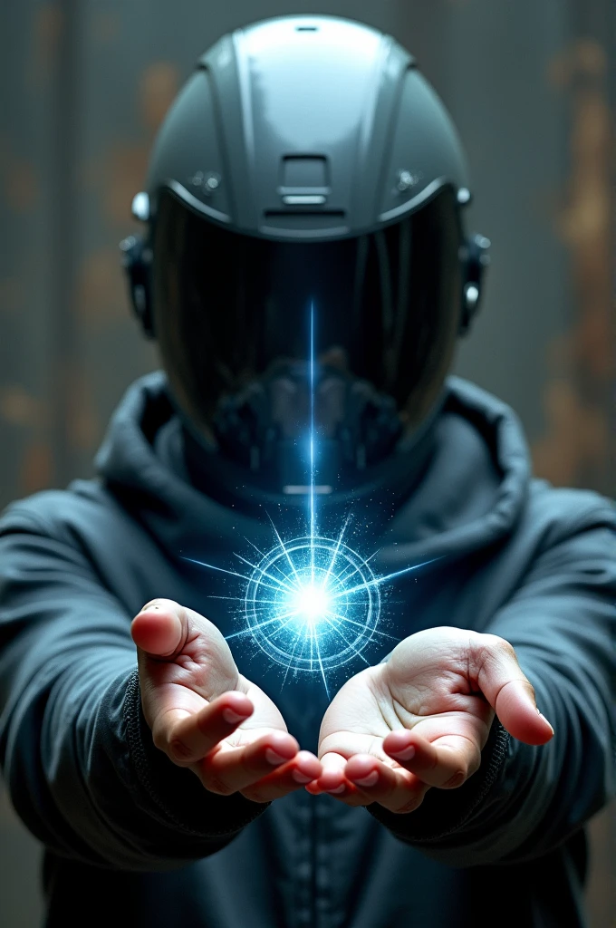 A close-up character with a helmet on his head and his hands facing forward and a magical object is suspended between his hands, the surrounding imaginary space is realistic and serious.