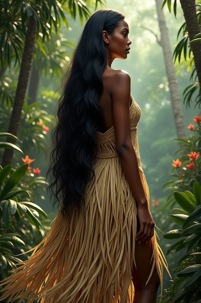 Generates a dark-skinned indigenous princess, with a long dress made of palm leaves, with long hair, smooth and jet black