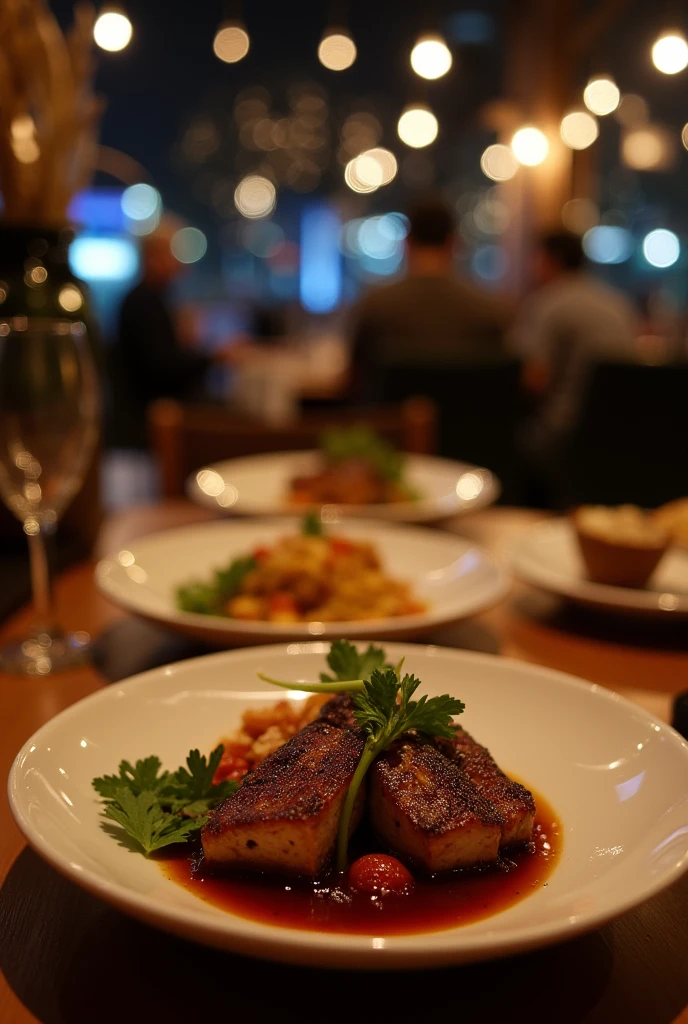 Dishes with little meat and vegetables in the restaurant at night
