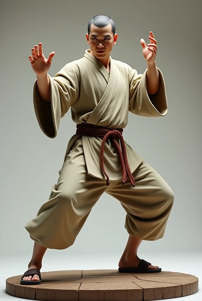 A detailed model kit of a person practicing Shaolin Kung Fu in a dynamic pose. The figure is dressed in traditional Shaolin monk attire, including a loose robe with a sash, pants, and kung fu slippers. The figure’s stance is powerful, with one leg slightly bent and one arm extended in a classic martial arts strike. The facial expression shows focus and determination, with short black hair. The kit includes detailed muscles, clothing folds, and optional parts like different hand positions or martial arts weapons such as staffs or nunchaku. The setting is simple, with a platform resembling a training ground. The figure should convey a sense of agility and strength, with intricate details to make it look realistic as a plastic model. The model is displayed against a neutral background to
