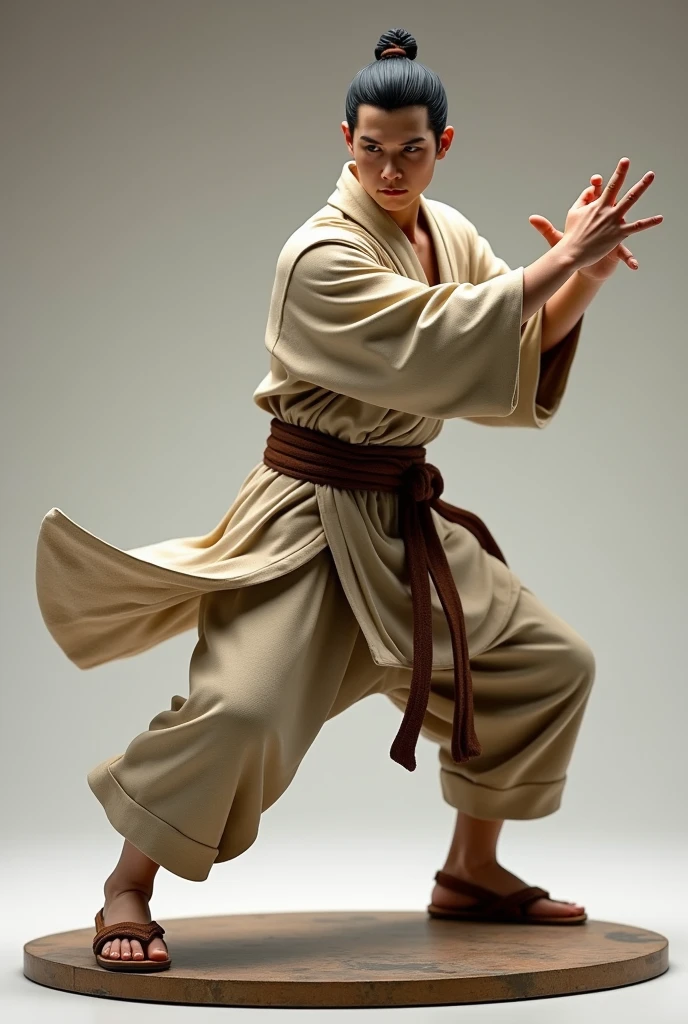 
A detailed model kit of a person practicing Shaolin Kung Fu in a dynamic pose. The figure is dressed in traditional Shaolin monk attire, including a loose robe with a sash, pants, and kung fu slippers. The figure’s stance is powerful, with one leg slightly bent and one arm extended in a classic martial arts strike. The facial expression shows focus and determination, with short black hair. The kit includes detailed muscles, clothing folds, and optional parts like different hand positions or martial arts weapons such as staffs or nunchaku. The setting is simple, with a platform resembling a training ground. The figure should convey a sense of agility and strength, with intricate details to make it look realistic as a plastic model. The model is displayed against a neutral background to