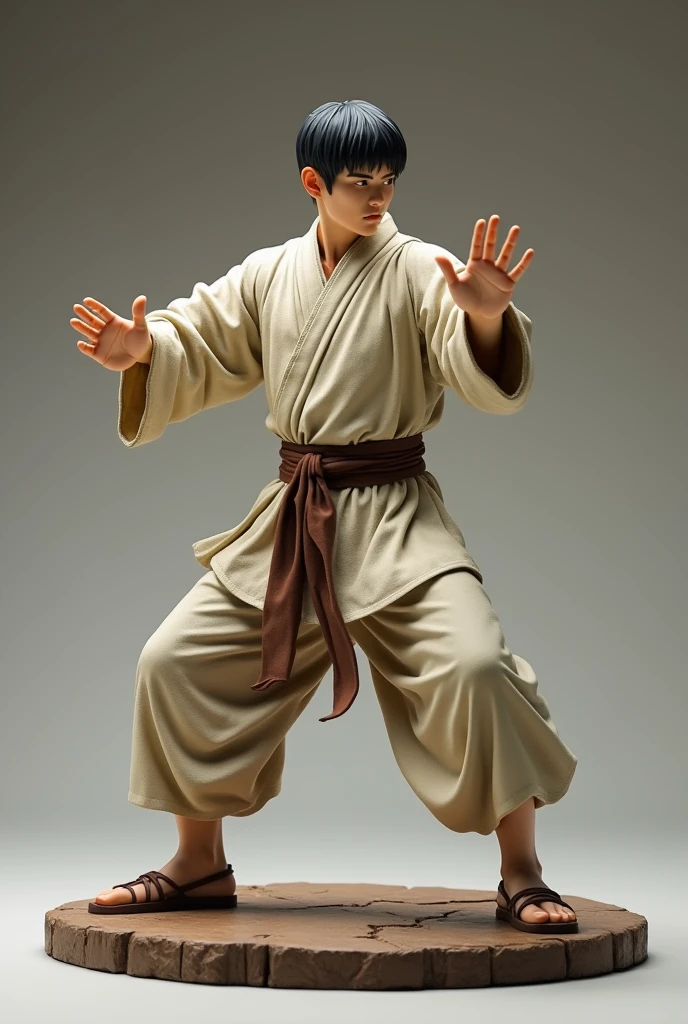 
A detailed model kit of a person practicing Shaolin Kung Fu in a dynamic pose. The figure is dressed in traditional Shaolin monk attire, including a loose robe with a sash, pants, and kung fu slippers. The figure’s stance is powerful, with one leg slightly bent and one arm extended in a classic martial arts strike. The facial expression shows focus and determination, with short black hair. The kit includes detailed muscles, clothing folds, and optional parts like different hand positions or martial arts weapons such as staffs or nunchaku. The setting is simple, with a platform resembling a training ground. The figure should convey a sense of agility and strength, with intricate details to make it look realistic as a plastic model. The model is displayed against a neutral background to