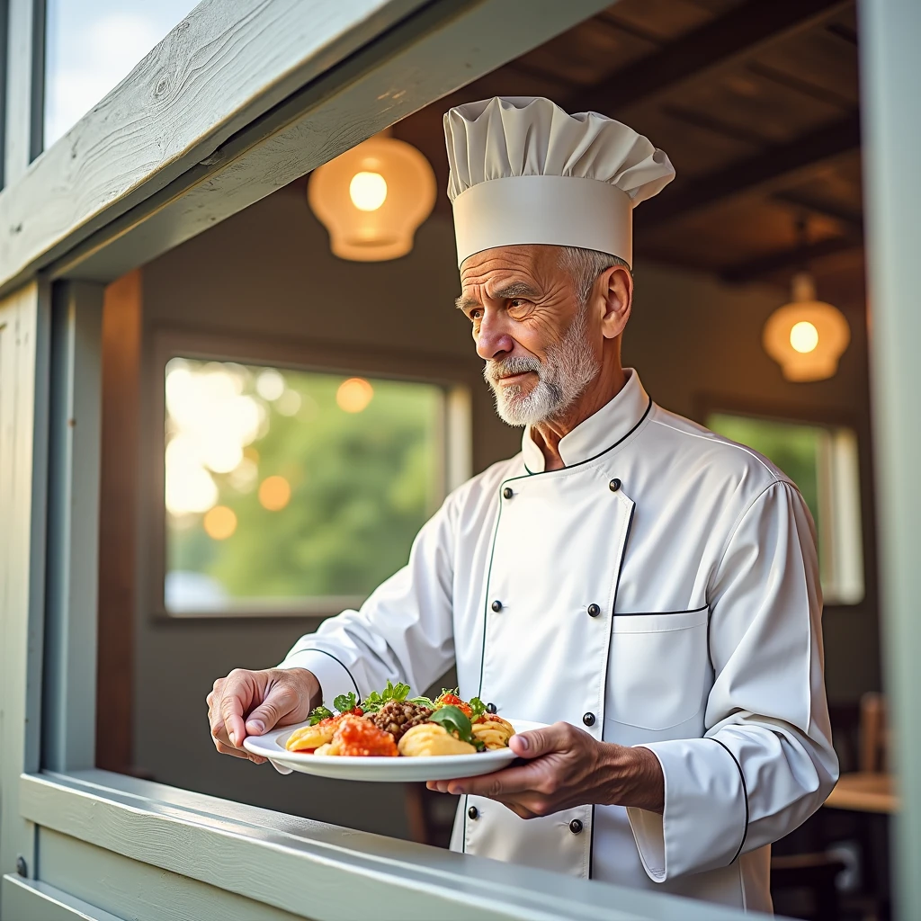 A old man hand holding a plate of delicious 5 star food