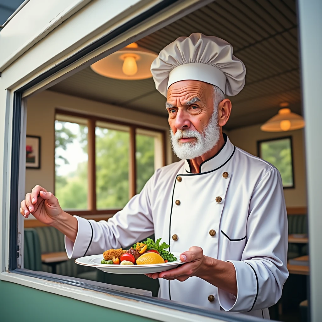 A old man hand holding a plate of delicious 5 star food