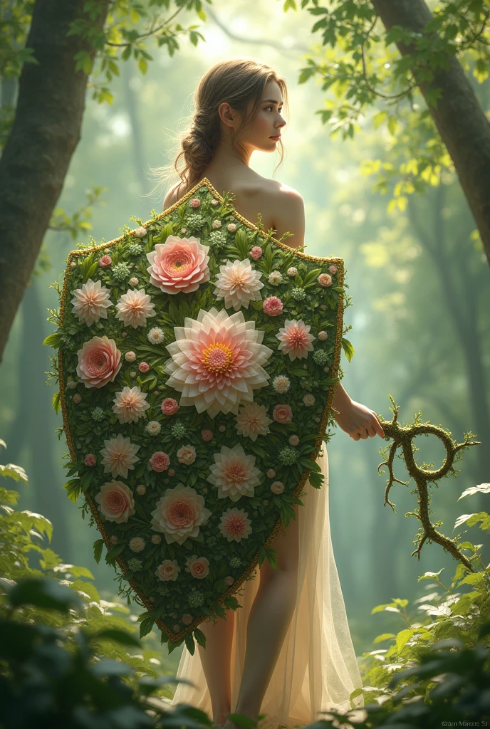an image of a delicate petal shield, with soft, blooming flowers covering the surface, and a slender, curved handle made of twisted vines.